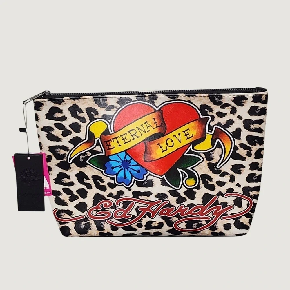 Ed Hardy Cosmetic‎ Case Women Tan Leopard Eternal Love Tattoo Graphic Bag NEW